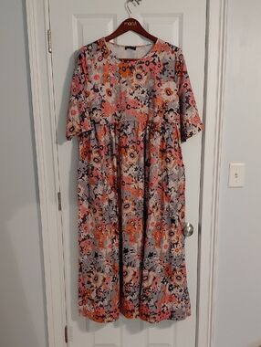 Just Fashion Now Floral Midi Dress in Pink, Orange & Gray, Size 2XL
